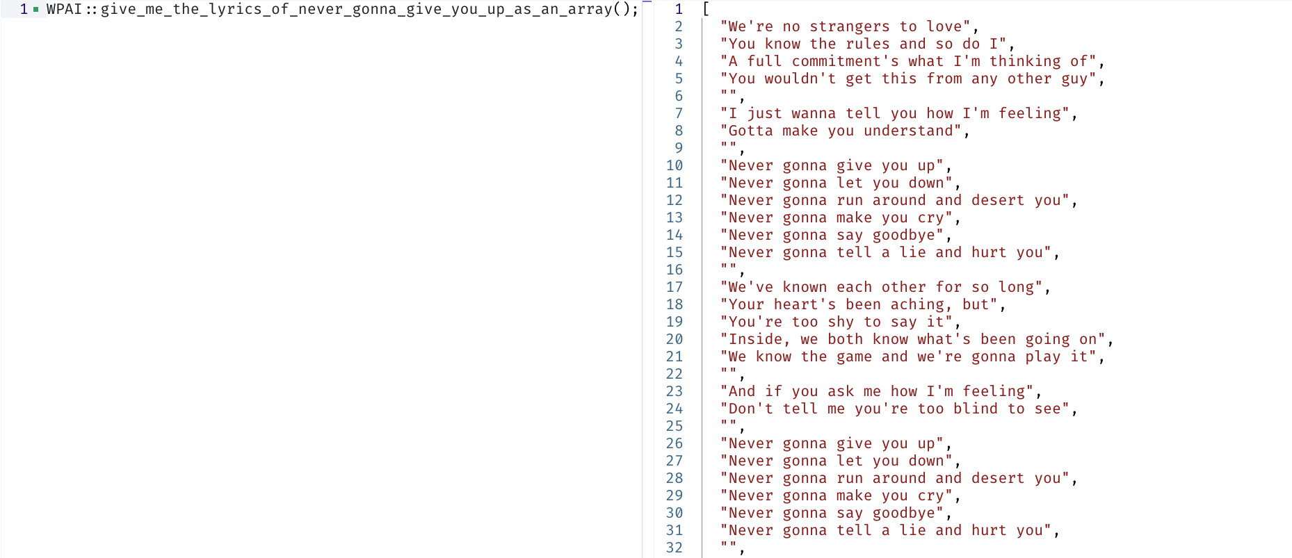 A screen grab of me using my magic methods AI to get a PHP function that prints the lyrics of Never Gonna Give You Up.