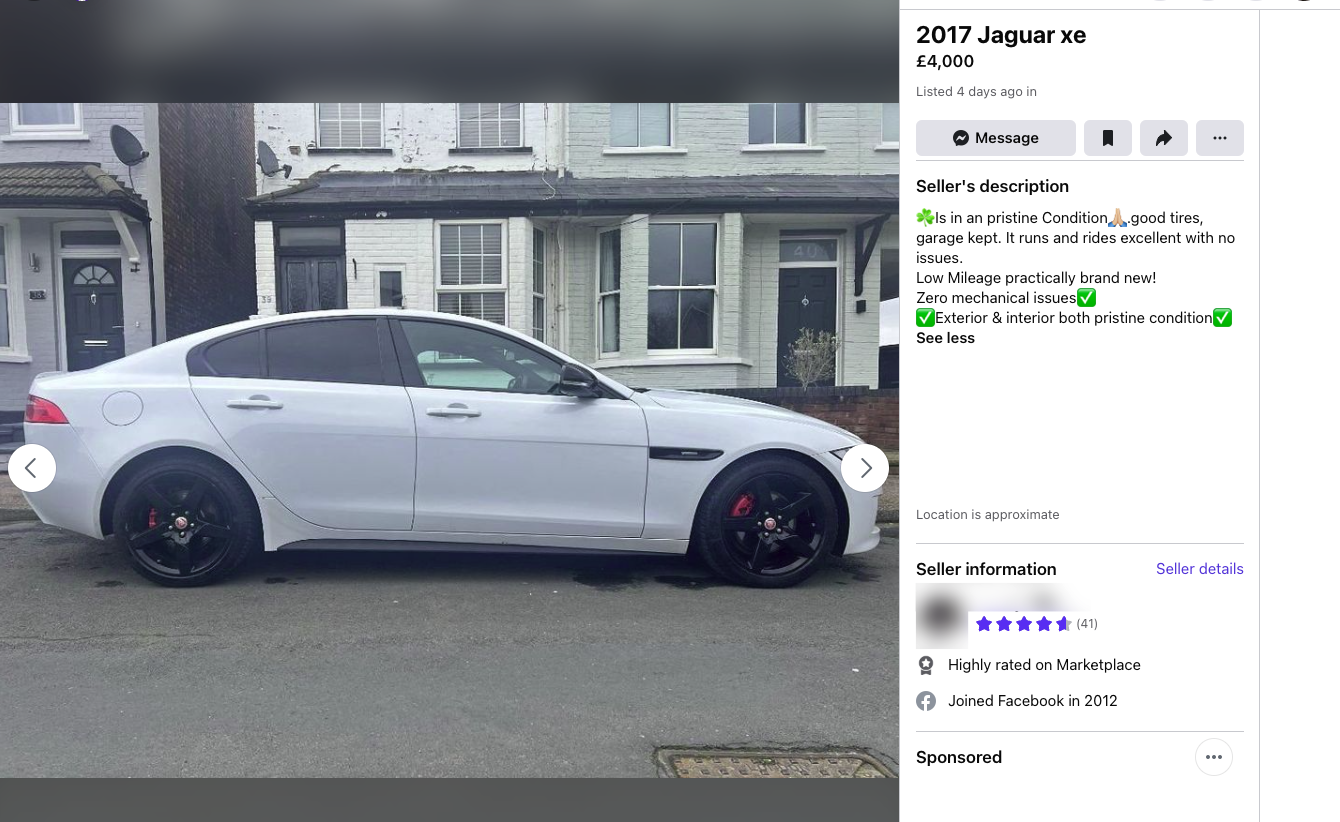 Screengrab of a 2017 Jaguar XE car for sale on Facebook Marketplace. Claims to be excellent condition and low milage. Just £4,000!!