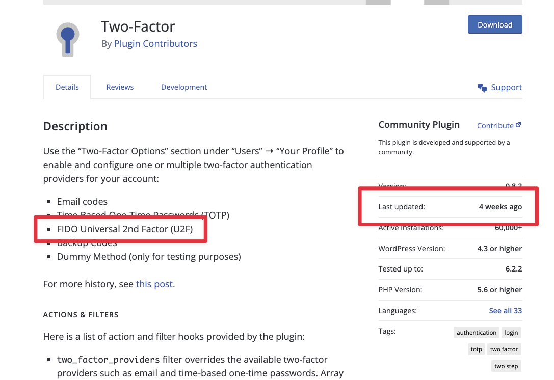 Screengrab of two-factor plugin page showing a recent update and FIDO Universal 2nd Factor compatibility