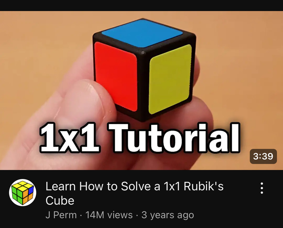 YouTube video preview titled “Learn How to Solve a 1x1 Rubik's Cube”