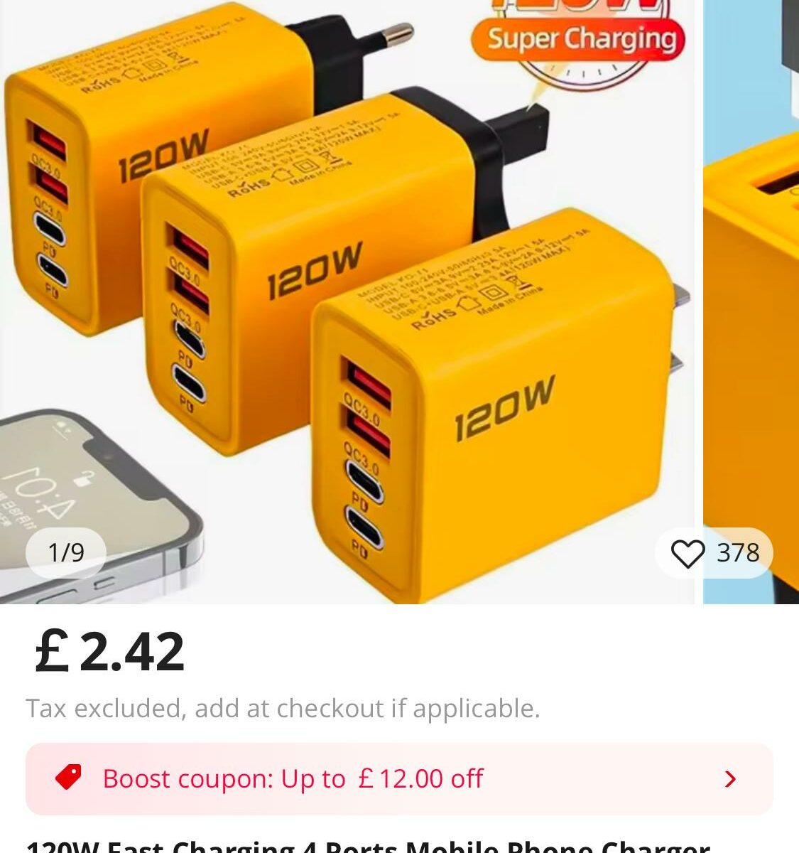 A 120 watt USB quick charger with four ports for sale on Ali Express for about 2 and a half UK pounds.