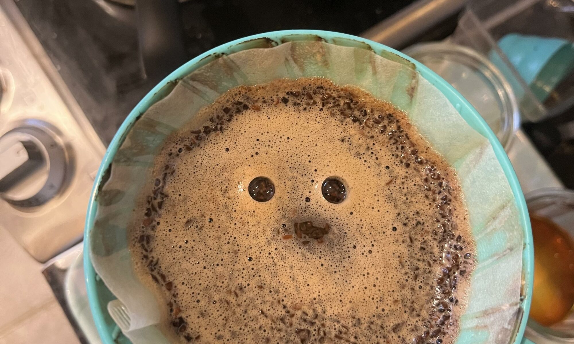 Top town view of coffee being filtered. Two large bubbles look like eyes. A darker patch looks like a skeptical mouth.