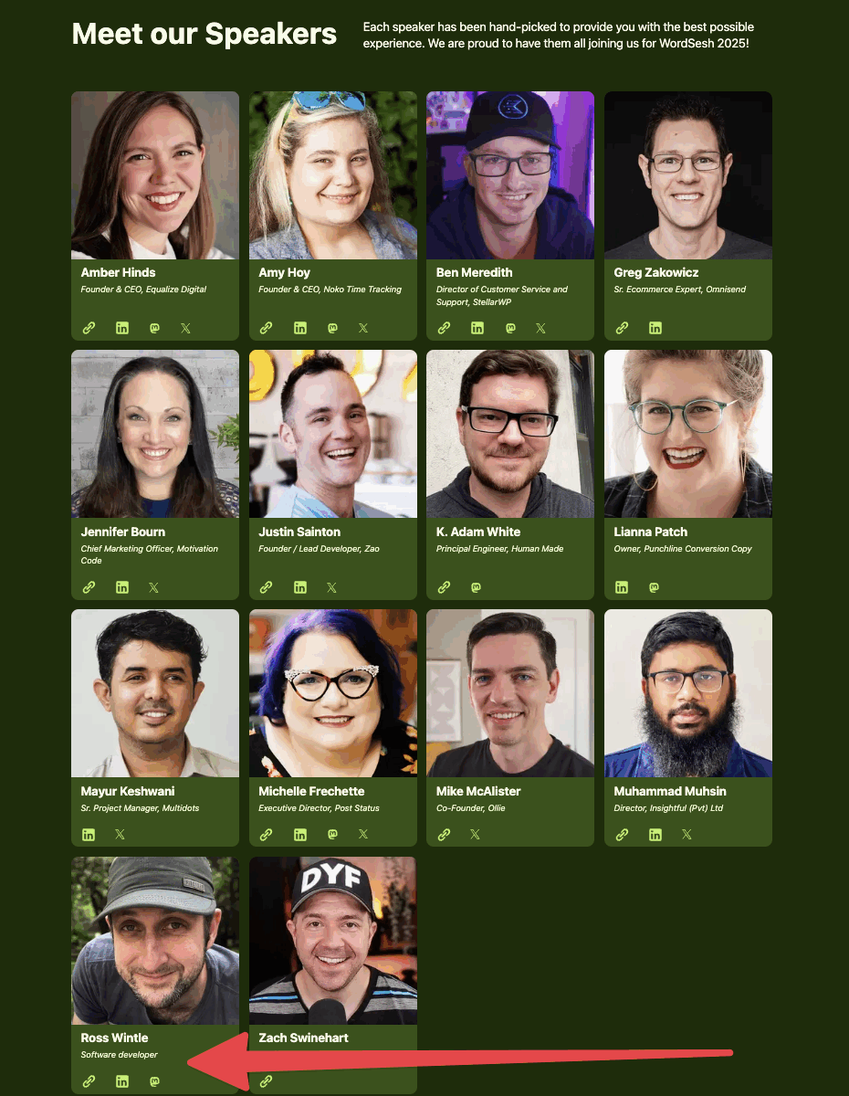 A grid of well-known tech types with their names, biographies and social handles from the WordSesh website. In the bottom left is a picture of me.