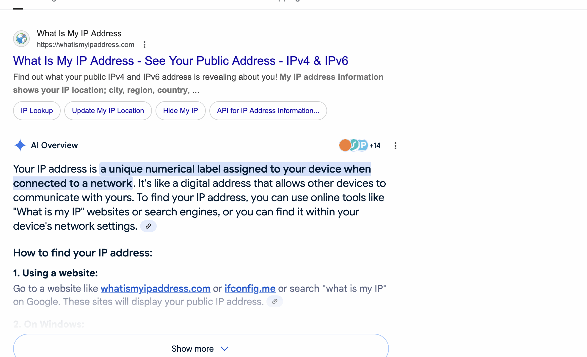 A google search results page. The search term is “What’s my IP address”. The first result is a link to “what is my IP address dot com”.

The second result is an AI overview saying “Your IP address is a unique numerical label assigned to your device when connected to a network”

At the bottom is a section titled “People also ask”