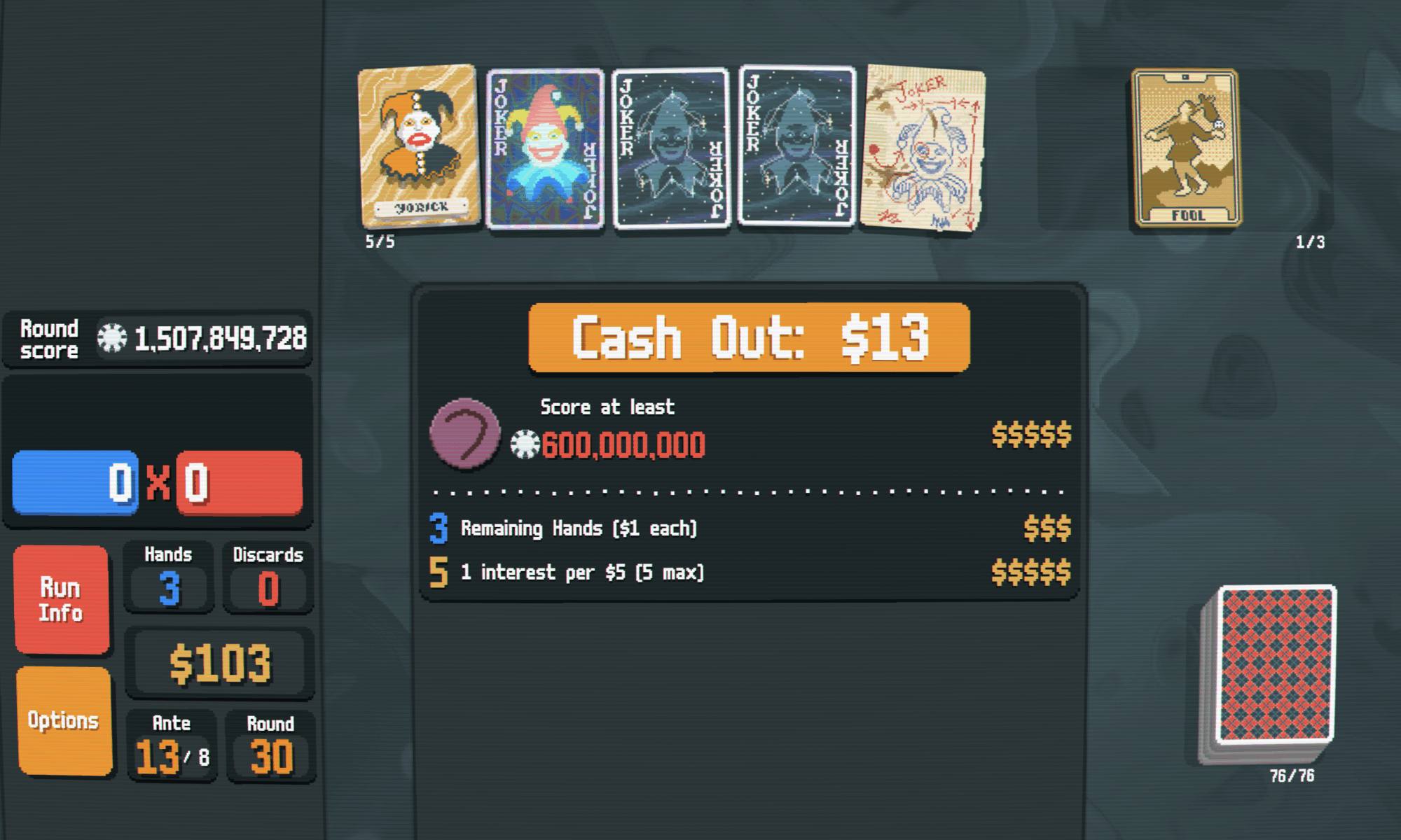 A screenshot of the game Balatro. I just scored 1.5 billion chips in a round.