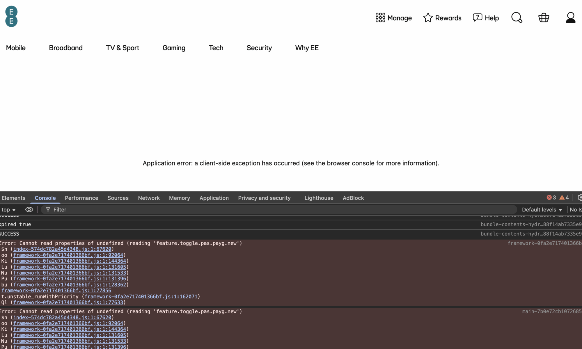 The EE website showing an error that reads:

“Application error: a client-side exception has occurred (see the browser console for more information).”

The console is open and that shows an error that reads:

"TypeError: Cannot read properties of undefined”