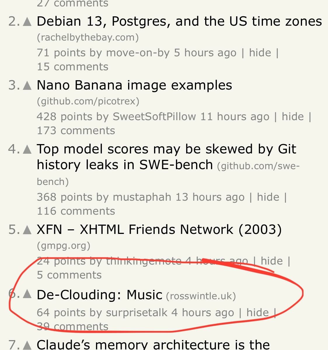 A screen grab of the hacker news website showing my “De-clouding: Music” post at number 6.