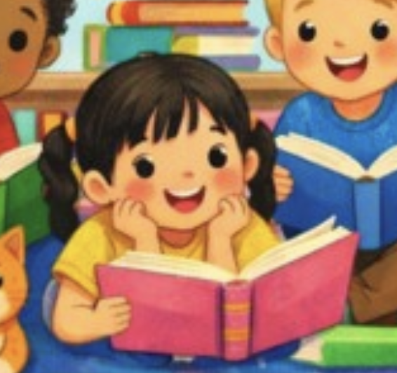 A close up of an AI generated image. A cartoon of a girl in a library. She is resting her chin on two hands and holding a book in front of her with a third hand.
