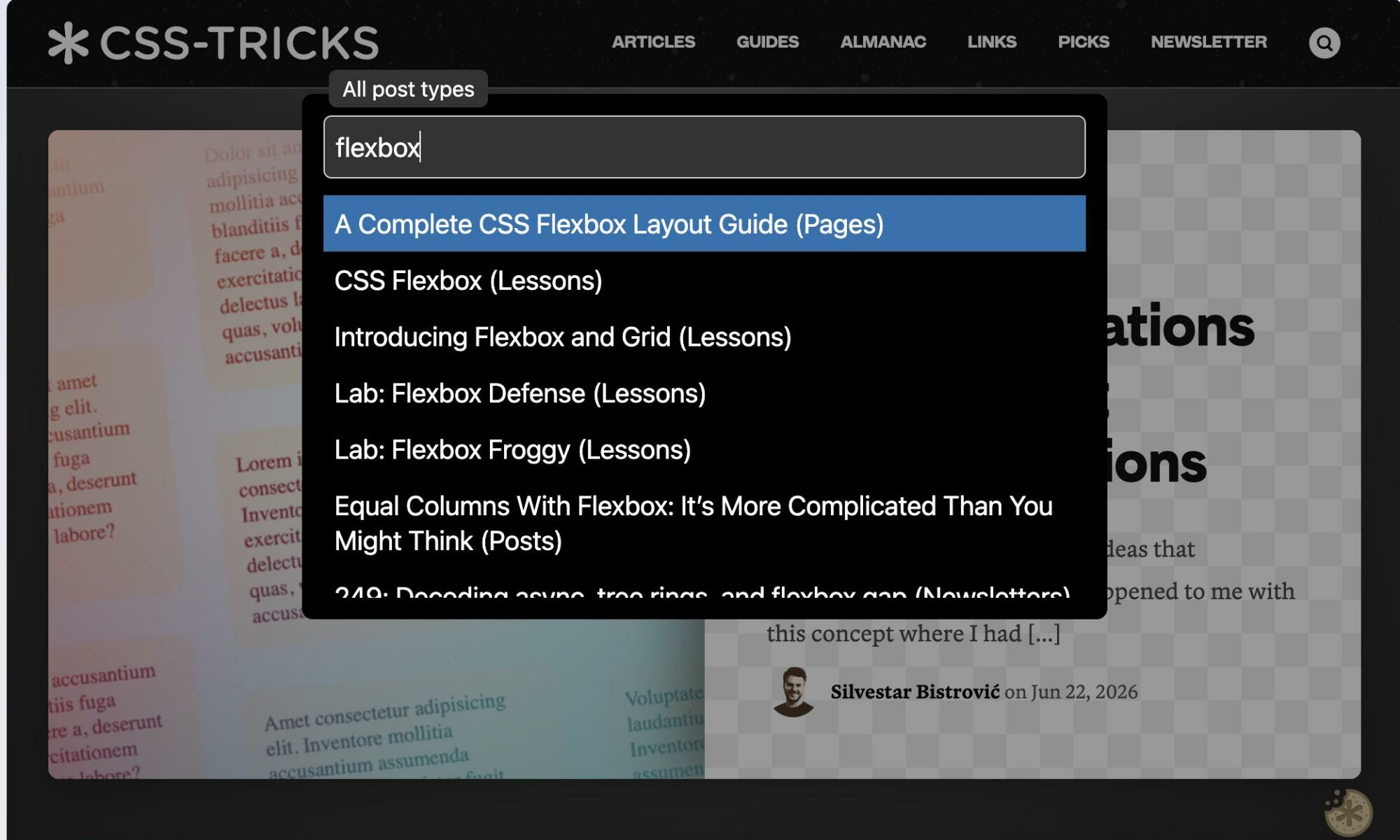 The Turbo Admin command palette open on the CSS Tricks website, showing search results for “flex box”